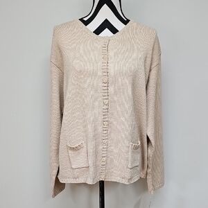 J Jill Tan Button Up Boxy Cardigan Sweater, Sz XL, Crew Neck, Small Pockets